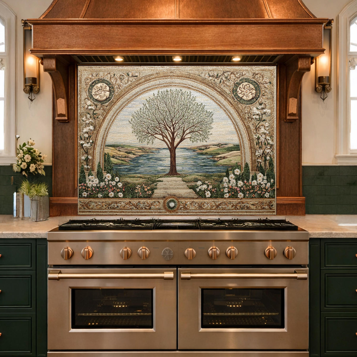 Tempered Glass Tree of Life Kitchen Backsplash, Mediterranean Floral Stove Decor