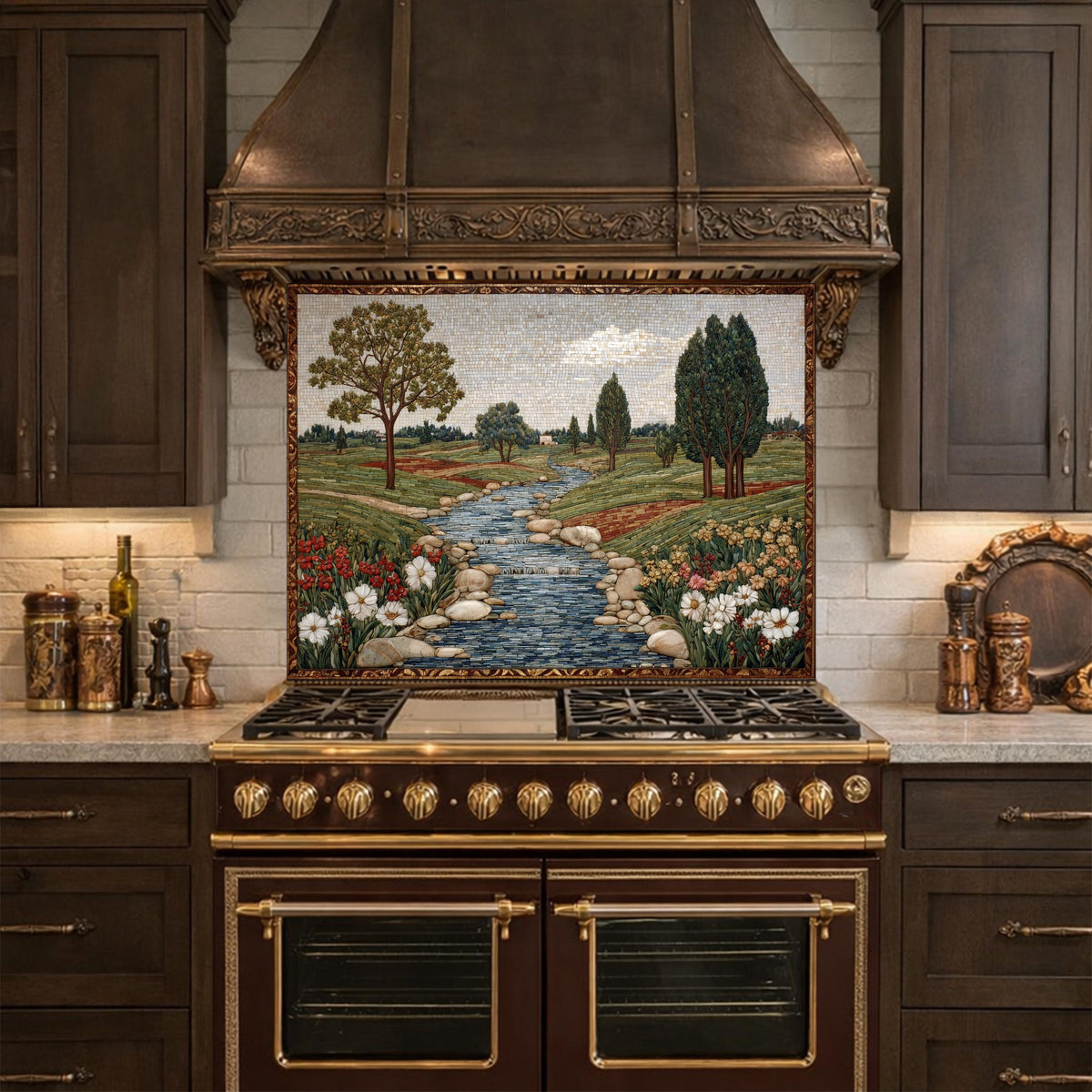 River Landscape Glass Backsplash, Tempered Stove Panel, Farmhouse Kitchen Decor