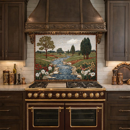 River Landscape Glass Backsplash, Tempered Stove Panel, Farmhouse Kitchen Decor