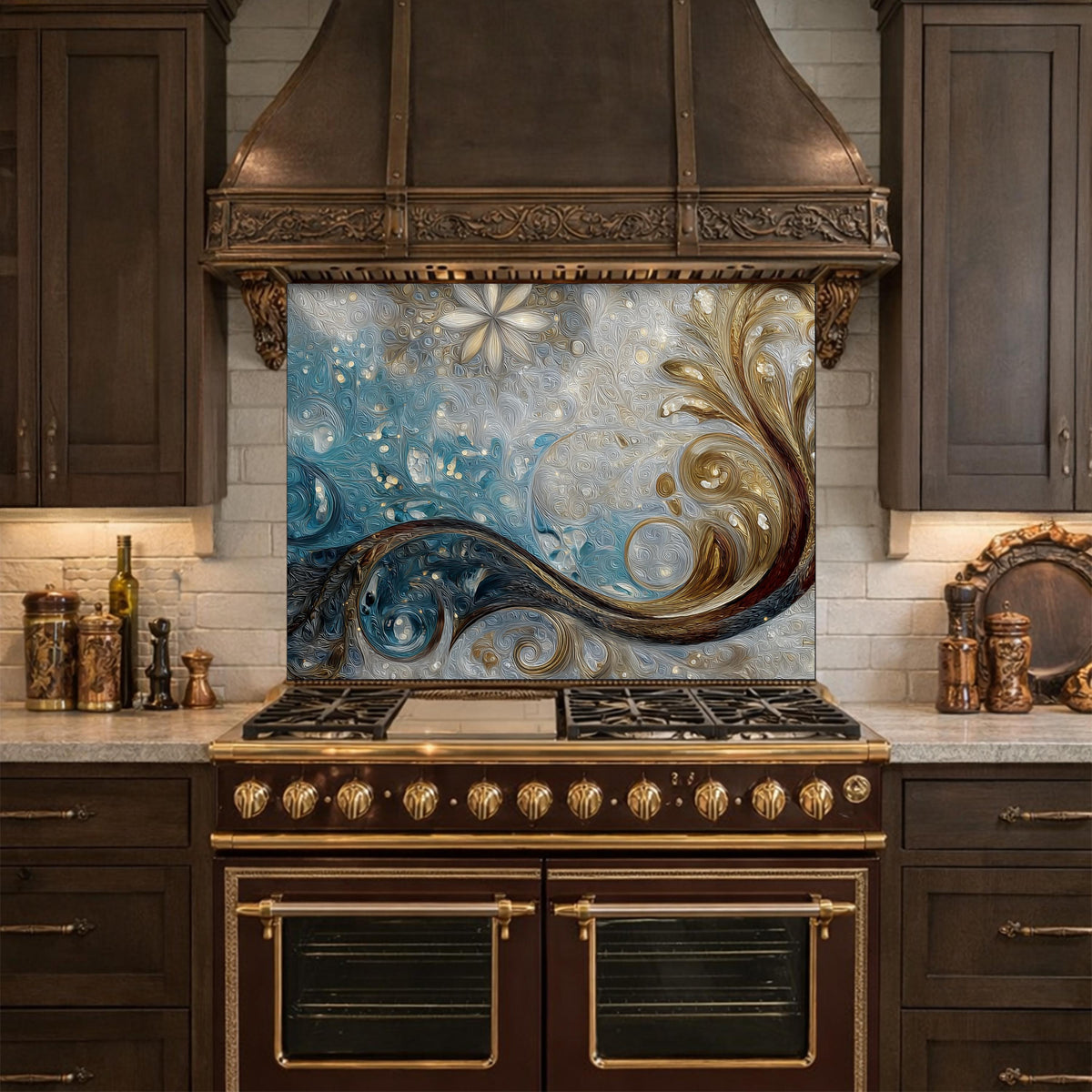 Tempered Glass Kitchen Backsplash, Blue Gold Abstract Wave Stove Guard Wall Decor
