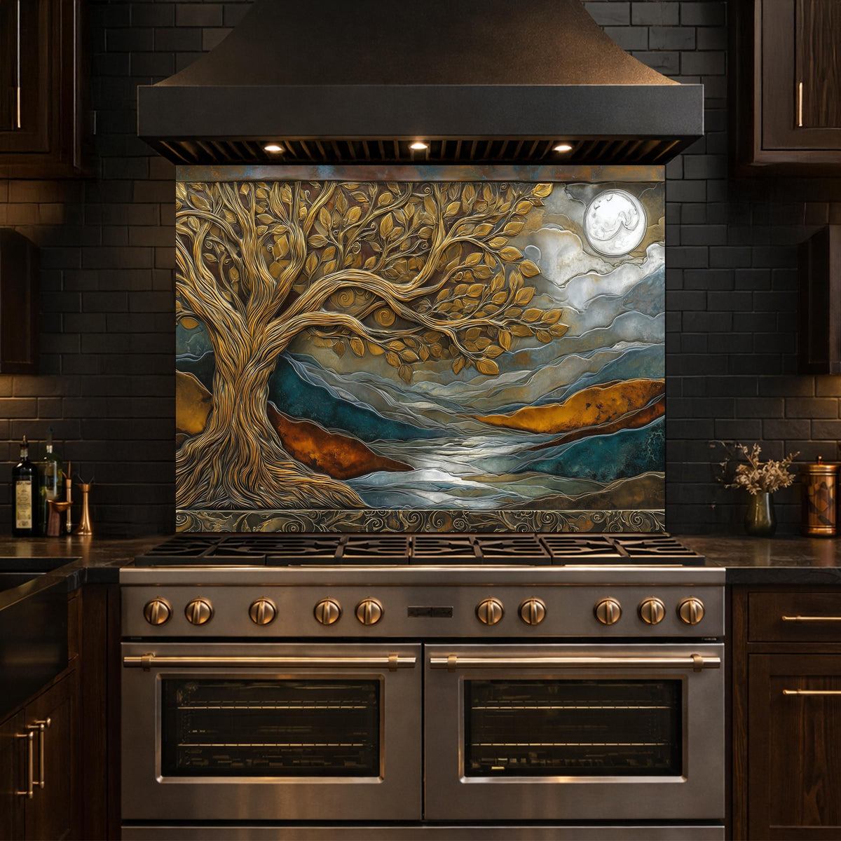 Tempered Glass Kitchen Backsplash, Golden Tree Moon Landscape, Blue Copper Nature Art