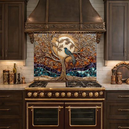 Tempered Glass Kitchen Backsplash Panel, Stained Glass Tree Bird Art, Stove Guard Wall Decor