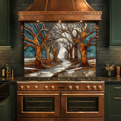 Tempered Glass Kitchen Backsplash, Forest Path Tree Landscape Art Stove Guard