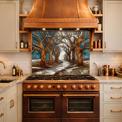 Tempered Glass Kitchen Backsplash, Forest Path Tree Landscape Art Stove Guard