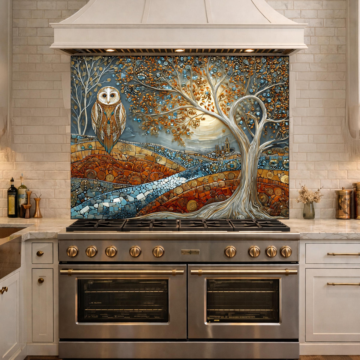 Owl Tree Mosaic Glass Kitchen Backsplash Panel, Stained Glass Landscape Art, Tempered Stove Guard