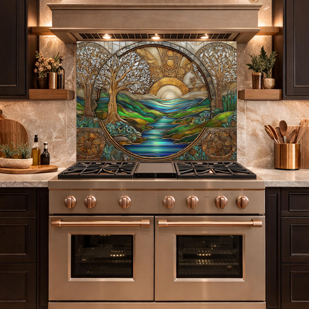 Tempered Glass Sunset River Landscape Kitchen Backsplash Panel, Stained Glass Art Stove Guard
