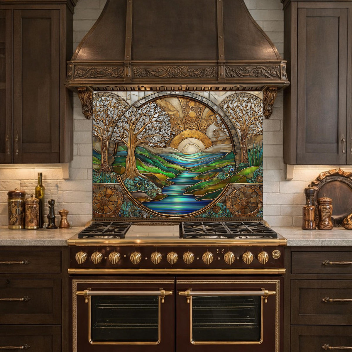 Tempered Glass Sunset River Landscape Kitchen Backsplash Panel, Stained Glass Art Stove Guard