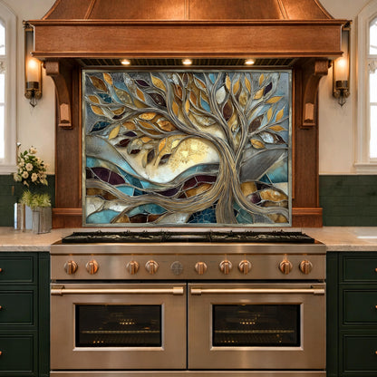 Tree of Life Tempered Glass Kitchen Backsplash, Gold Blue Mosaic Stove Guard