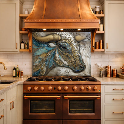 Bull Head Tempered Glass Backsplash, Blue Gold Mosaic Stove Guard