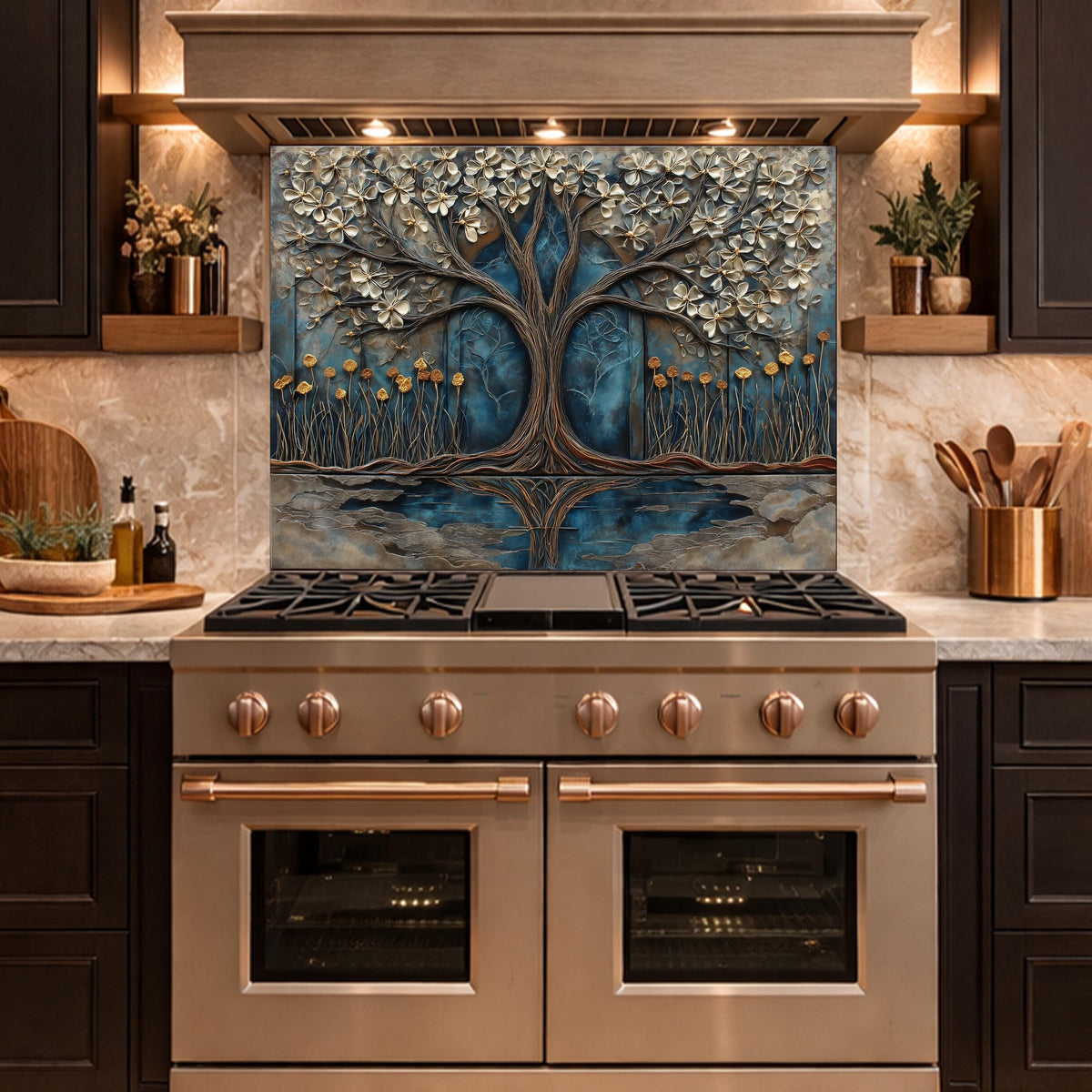 Tree of Life Blue Gold Glass Kitchen Backsplash Panel, Floral Wall Art Decor
