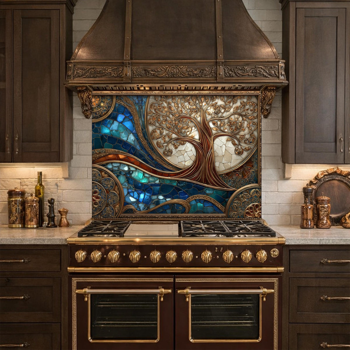 Tree of Life Copper Look Tempered Glass Kitchen Backsplash, Blue Marble Wave Stove Guard
