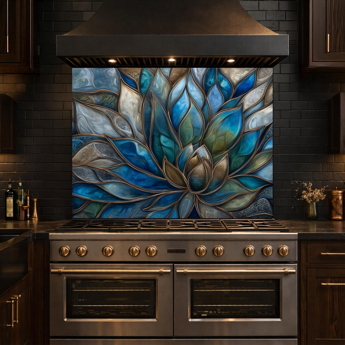 Blue Lotus Flower Tempered Glass Kitchen Backsplash, Stained Glass Mosaic Art Panel