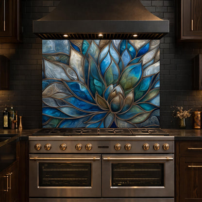 Blue Lotus Flower Tempered Glass Kitchen Backsplash, Stained Glass Mosaic Art Panel