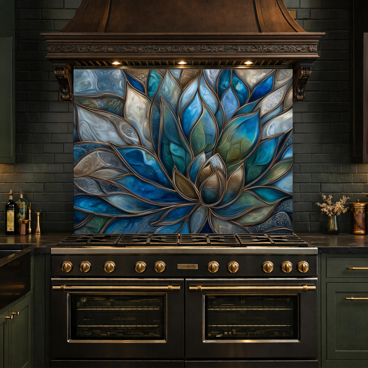 Blue Lotus Flower Tempered Glass Kitchen Backsplash, Stained Glass Mosaic Art Panel