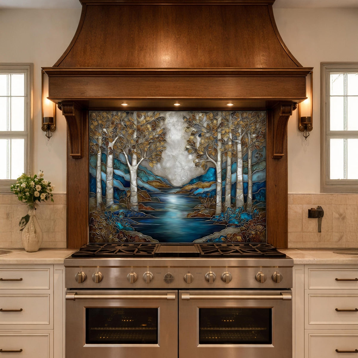 Teal Gold Forest Lake Backsplash Stained Glass Landscape Wall Art Tempered Glass Panel