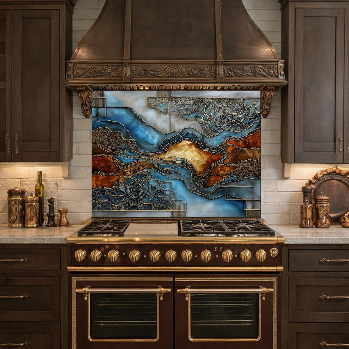 Blue Gold Abstract Marble Backsplash Luxury Geode Wall Art Tempered Glass Kitchen Panel
