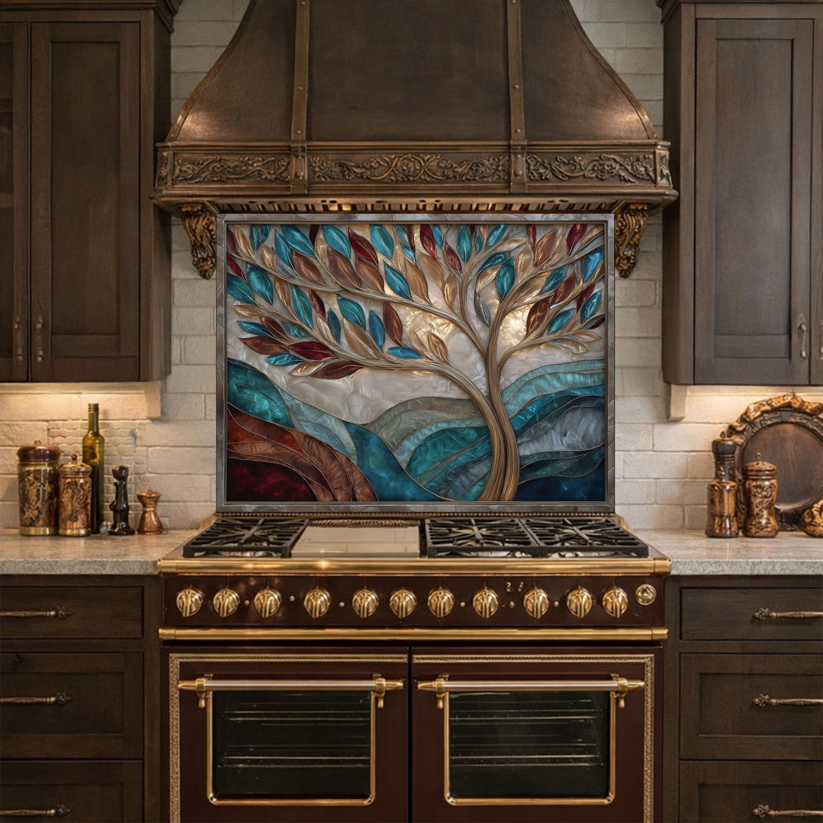 Tree of Life Glass Backsplash Teal Copper Abstract Kitchen Wall Decor