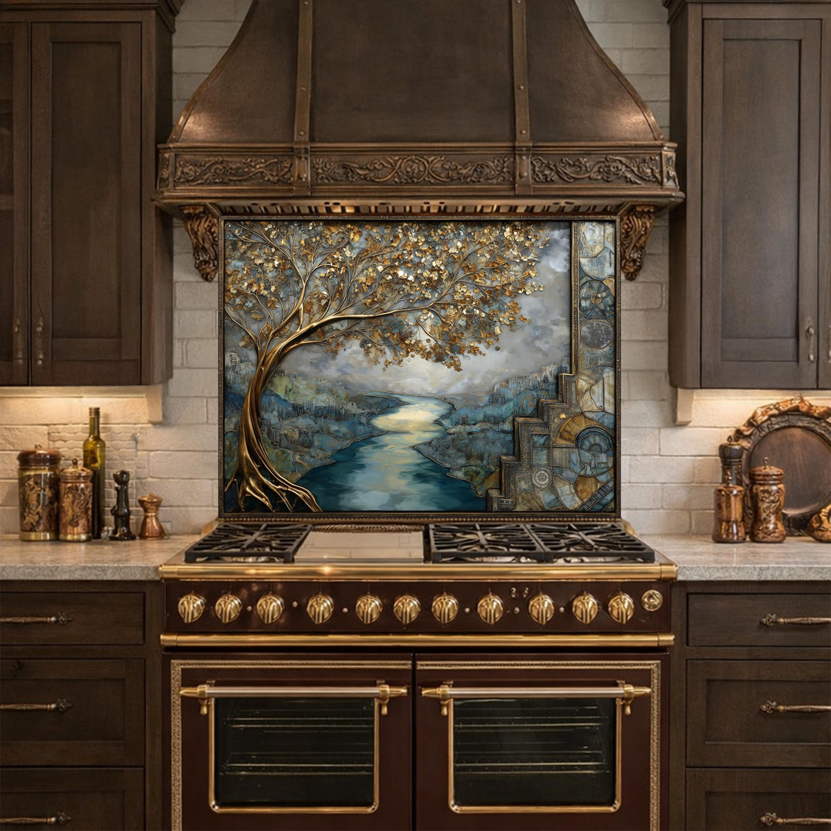Gold Tree Cityscape Glass Backsplash, Luxury River View Kitchen Wall Art Panel