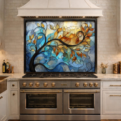 Abstract Tree Glass Backsplash, Blue Gold Floral Kitchen Panel, Modern Wall Art Decor