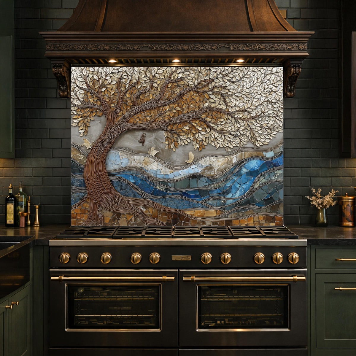 Tree of Life Glass Backsplash, Blue River Mosaic Kitchen Wall Art Panel