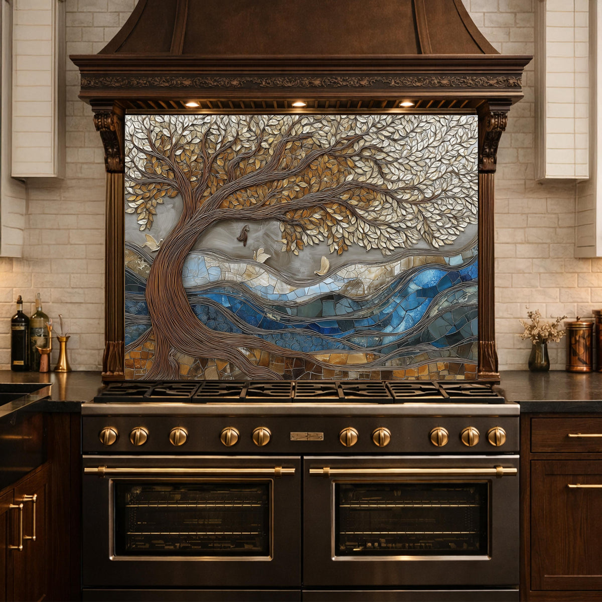 Tree of Life Glass Backsplash, Blue River Mosaic Kitchen Wall Art Panel
