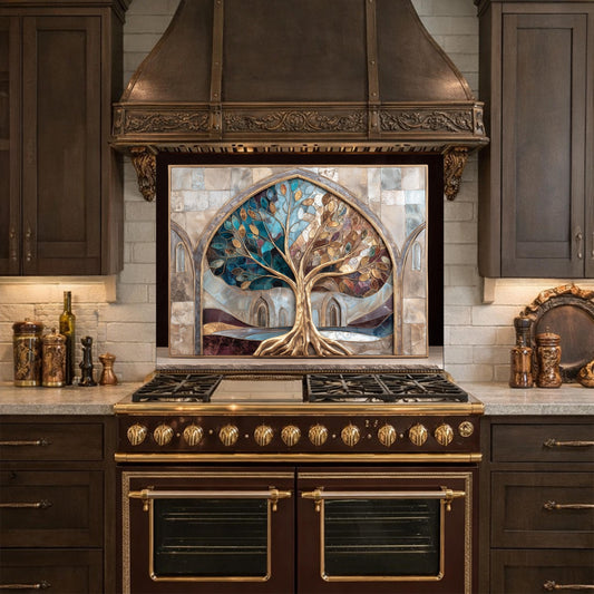 Tree of Life Glass Backsplash, Stained Glass Arch Kitchen Wall Panel