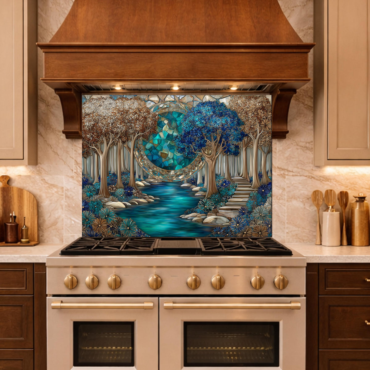 Tempered Glass Kitchen Panel, Forest River Mosaic Splashback, Blue Floral Nature Art