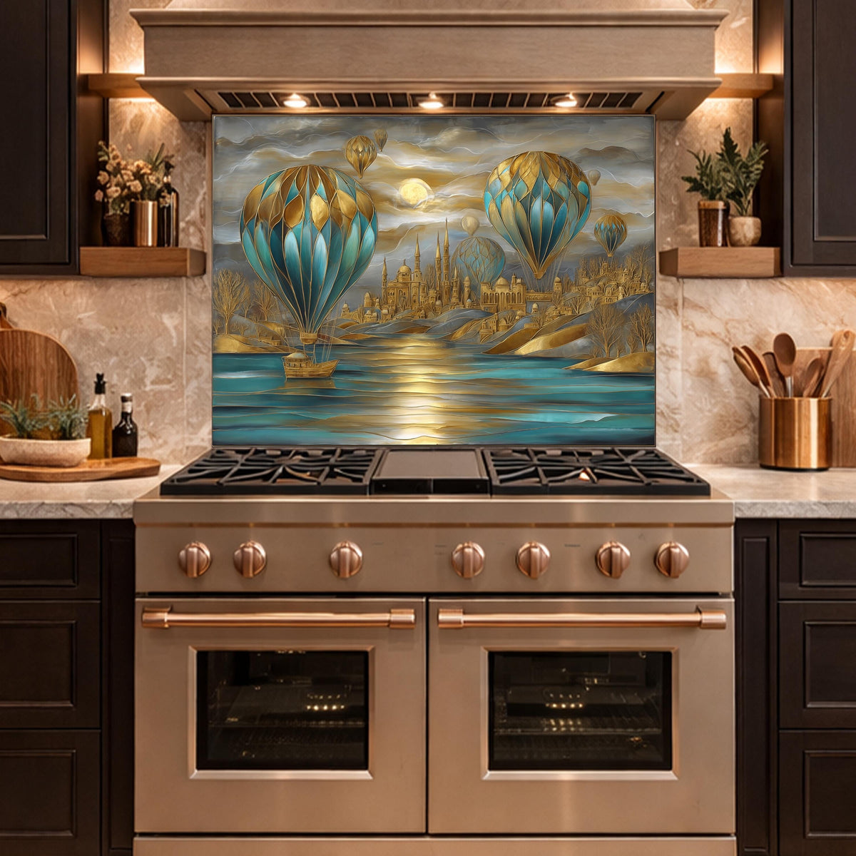 Hot Air Balloon Tempered Glass Kitchen Panel, Blue Gold City Mosaic Splashback