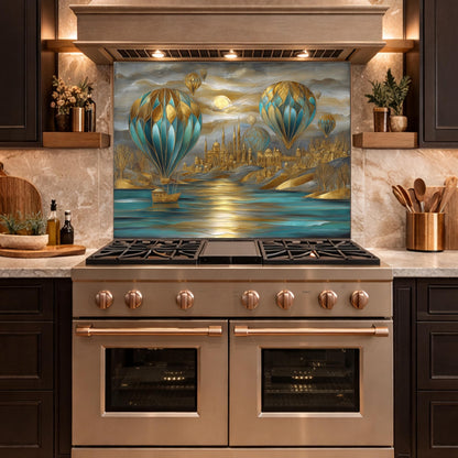 Hot Air Balloon Tempered Glass Kitchen Panel, Blue Gold City Mosaic Splashback