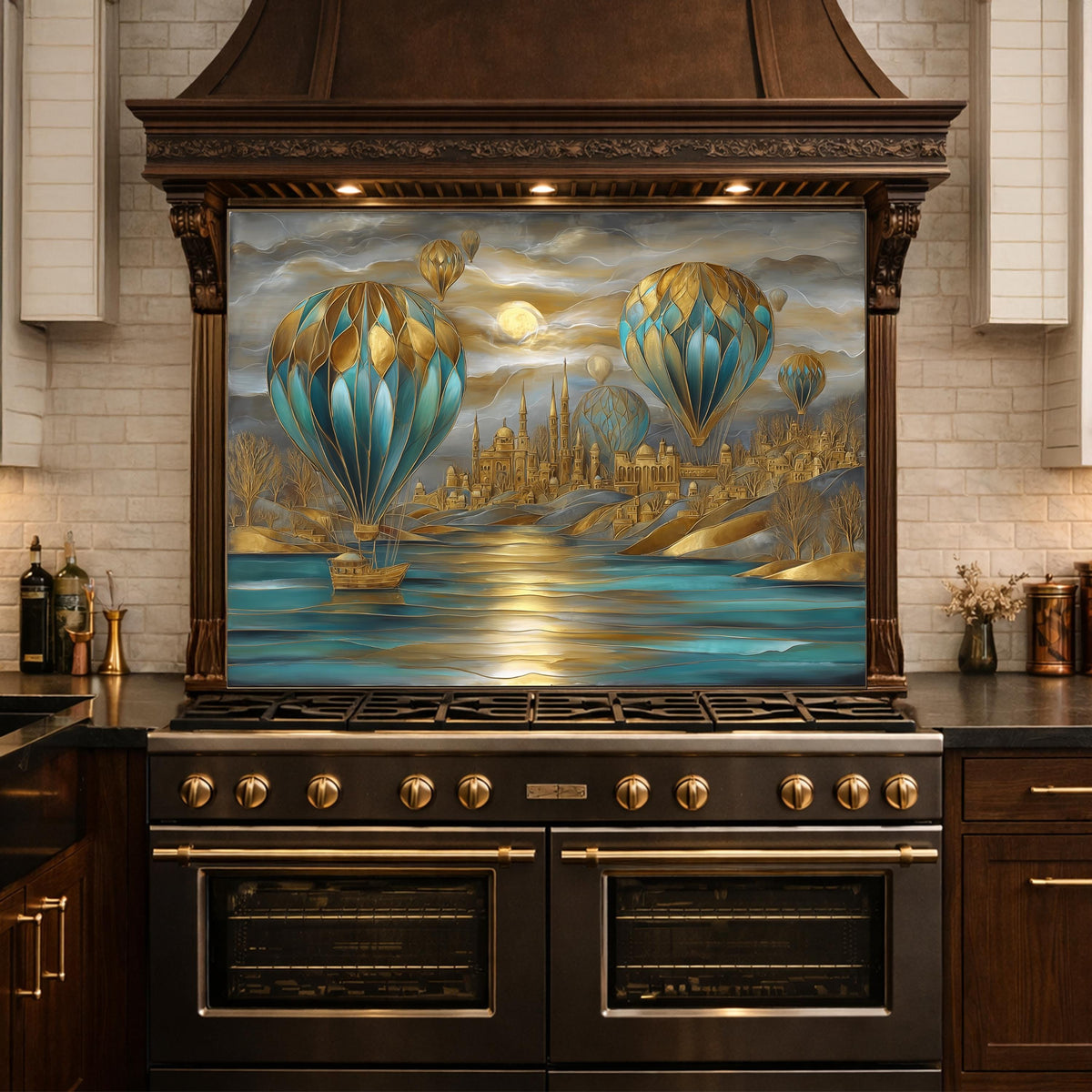 Hot Air Balloon Tempered Glass Kitchen Panel, Blue Gold City Mosaic Splashback
