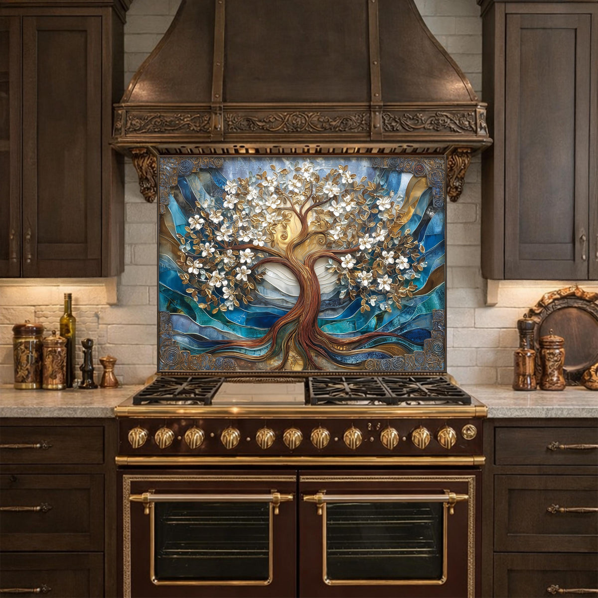 Tempered Glass Tree of Life Kitchen Panel, Blue Gold Floral Mosaic Splashback Behind Stove