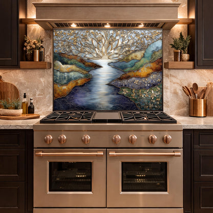 Abstract Landscape Kitchen Panel, Tempered Glass Wall Decor, Blue Gold Mosaic Splashback