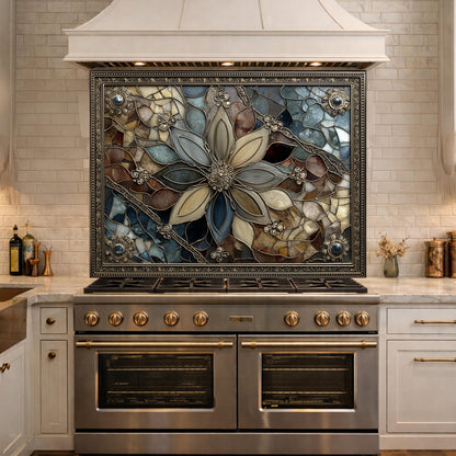 Floral Stained Glass Kitchen Backsplash, Luxury Mosaic Panel Behind Stove Wall Decor