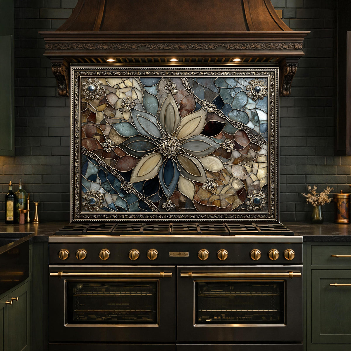 Floral Stained Glass Kitchen Backsplash, Luxury Mosaic Panel Behind Stove Wall Decor