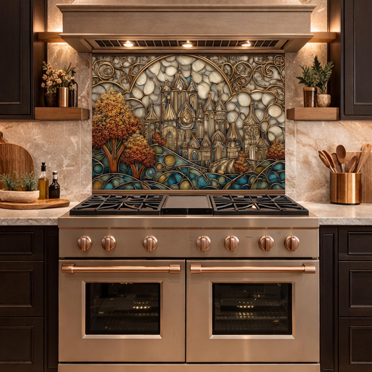 Castle Kitchen Backsplash, Glass Panel Behind Stove, Fantasy Stained Glass Wall Decor