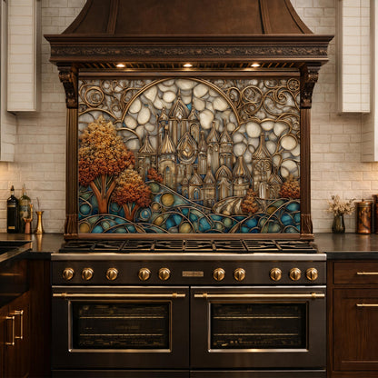 Castle Kitchen Backsplash, Glass Panel Behind Stove, Fantasy Stained Glass Wall Decor