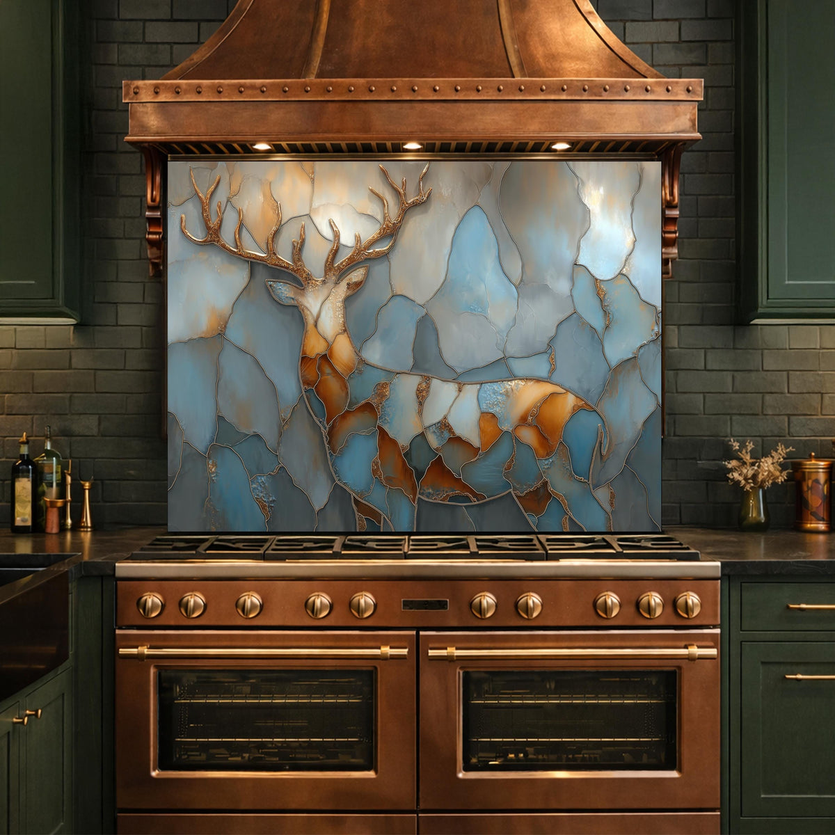 Abstract Deer Tempered Glass Kitchen Backsplash Panel – Gold Blue Marble Animal Art