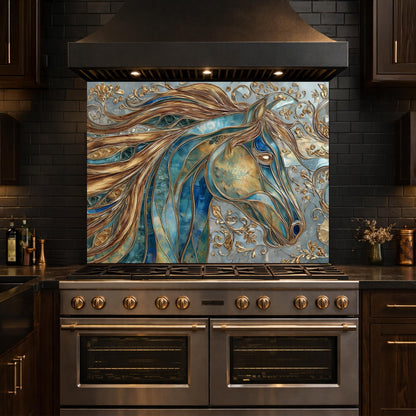 Abstract Horse Head Tempered Glass Kitchen Backsplash Panel – Gold Blue Animal Wall Art