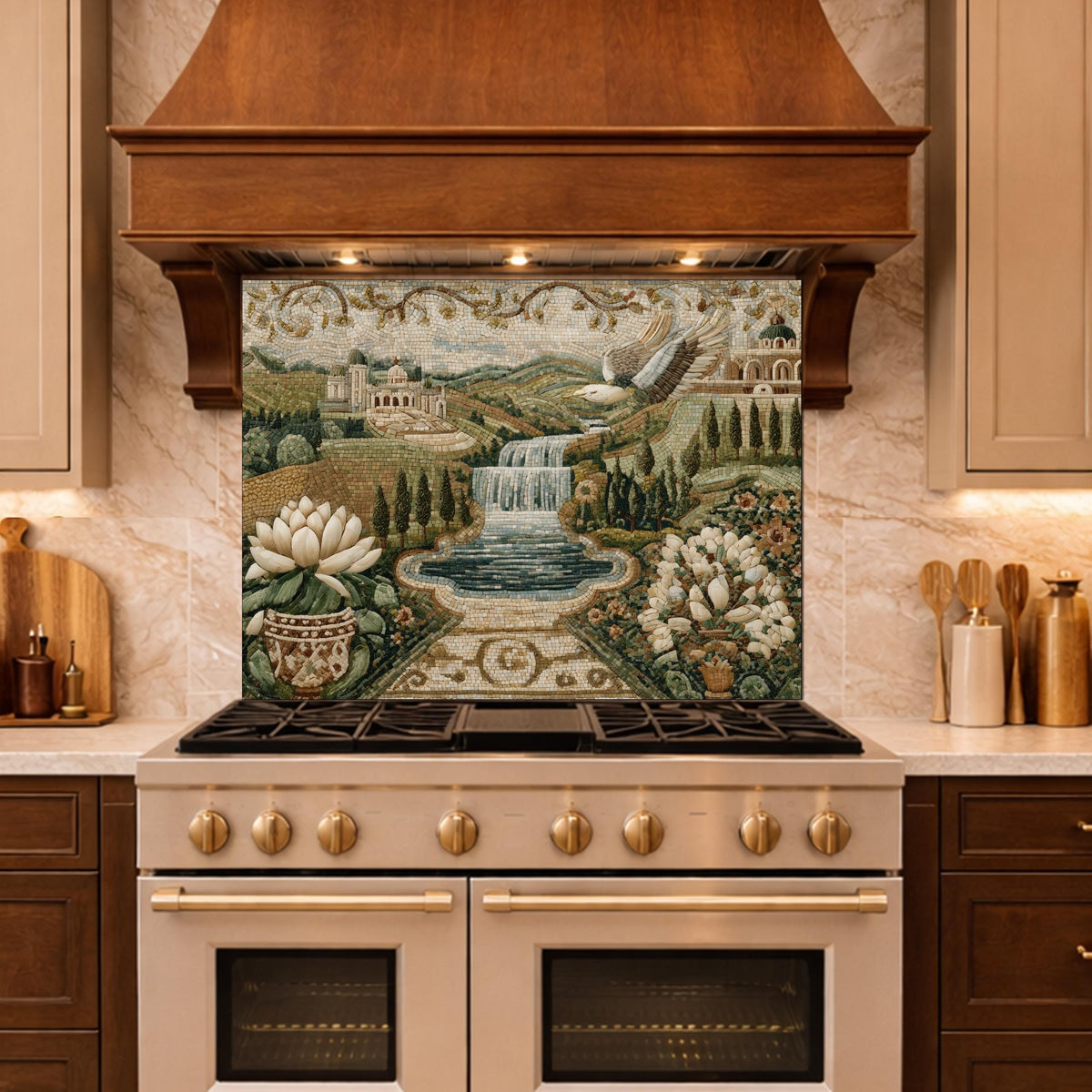 Mediterranean Mosaic Tempered Glass Backsplash, Waterfall Kitchen Decor, Villa Landscape Print