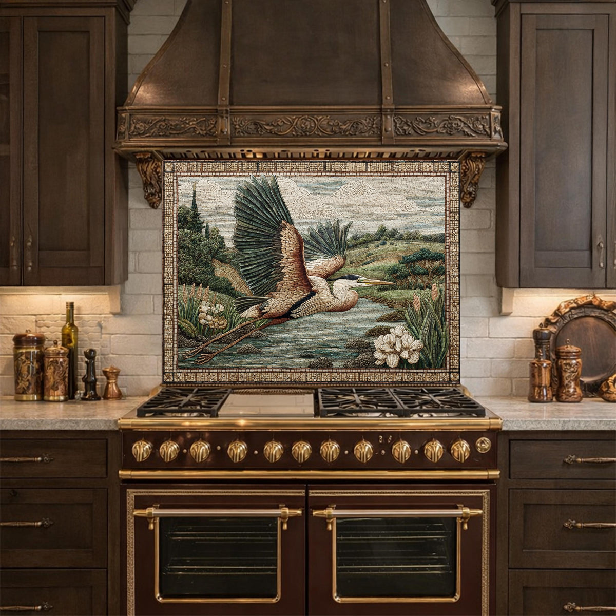 Heron Mosaic Tempered Glass Kitchen Backsplash, Wildlife Stove Decor