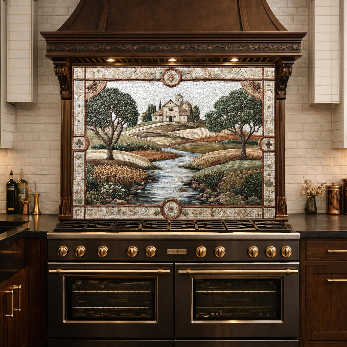 Tuscan Landscape Tempered Glass Kitchen Backsplash, Farmhouse Stove Decor