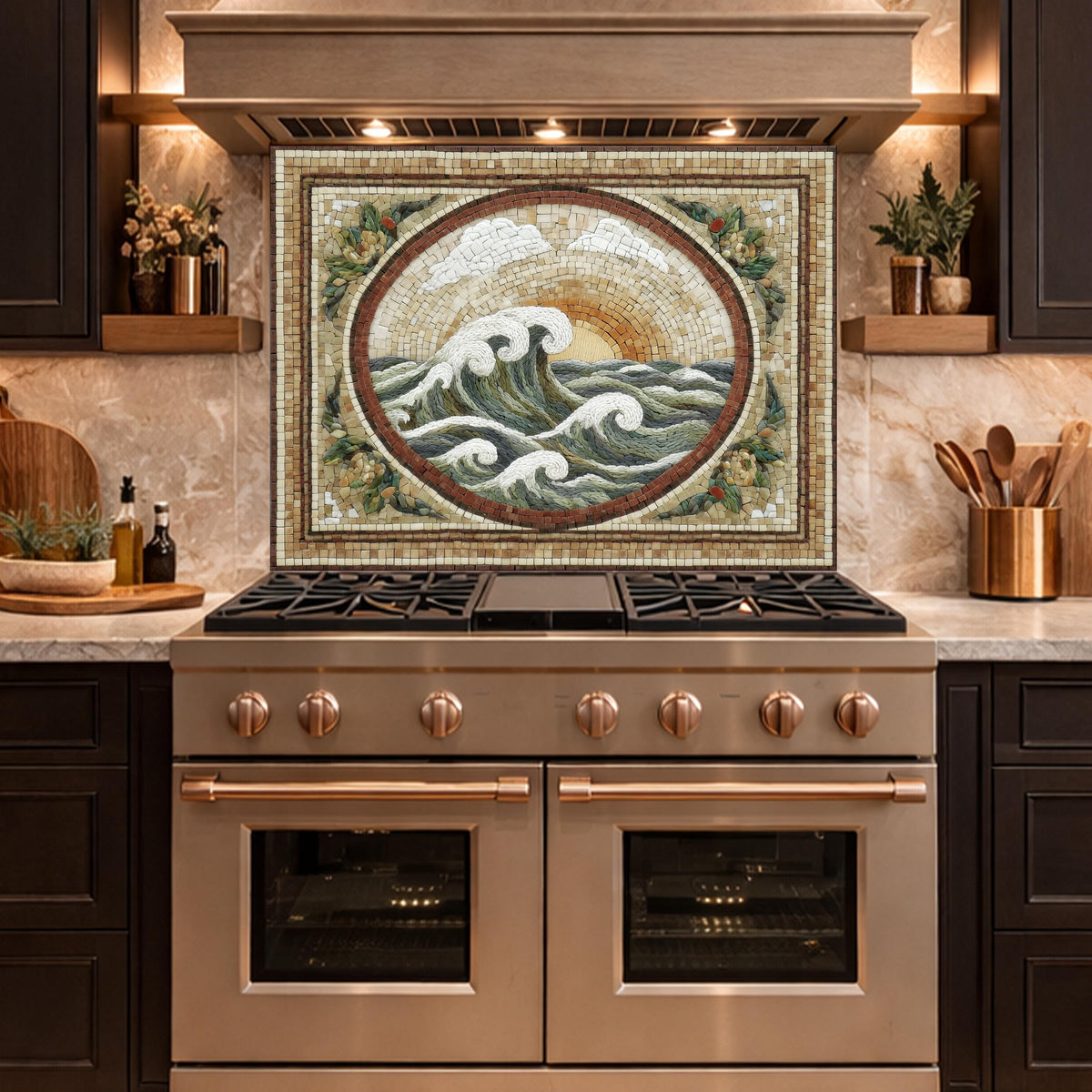 Ocean Wave Tempered Glass Backsplash, Coastal Mosaic Kitchen Stove Panel