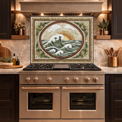 Ocean Wave Tempered Glass Backsplash, Coastal Mosaic Kitchen Stove Panel