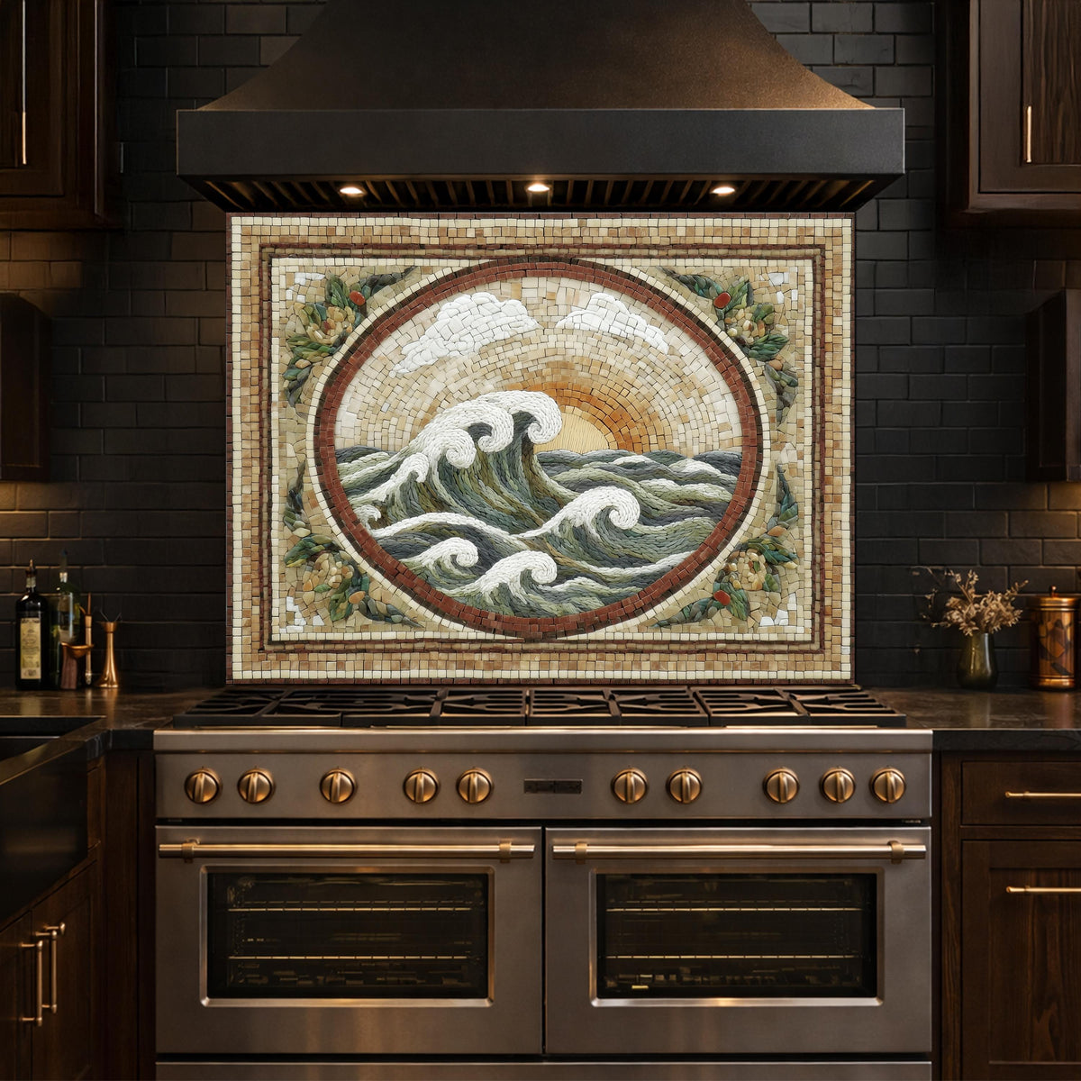 Ocean Wave Tempered Glass Backsplash, Coastal Mosaic Kitchen Stove Panel