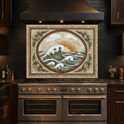 Ocean Wave Tempered Glass Backsplash, Coastal Mosaic Kitchen Stove Panel