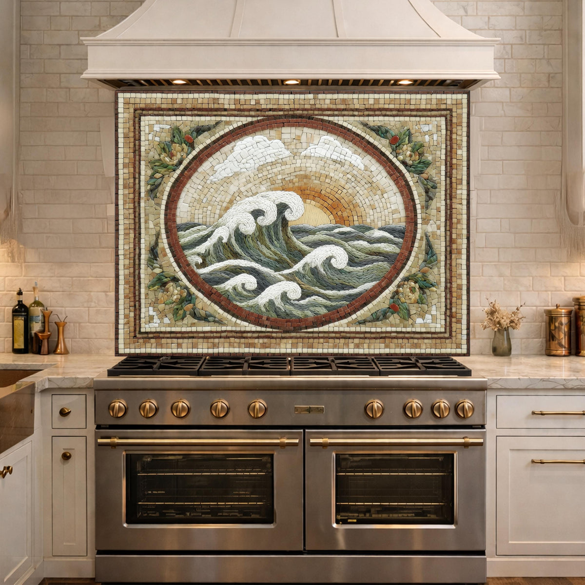 Ocean Wave Tempered Glass Backsplash, Coastal Mosaic Kitchen Stove Panel