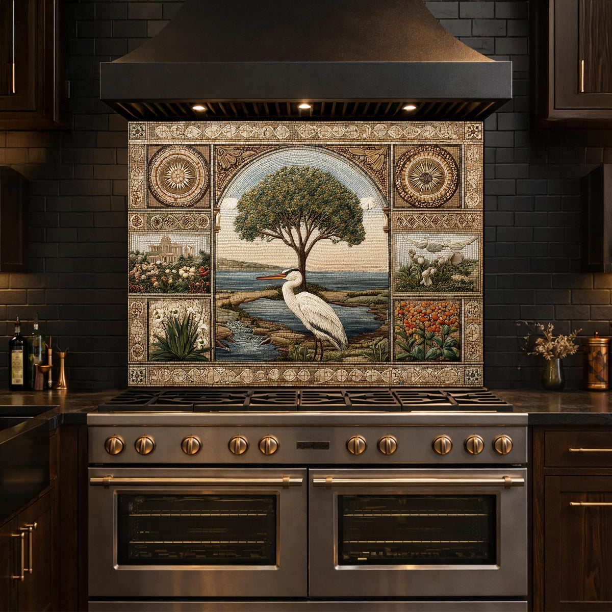 Heron Mosaic Tempered Glass Kitchen Backsplash, Mediterranean Stove Decor