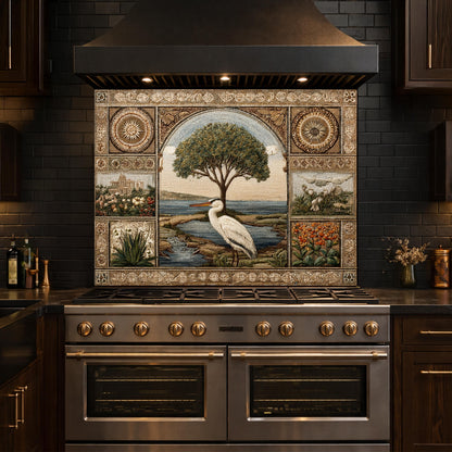 Heron Mosaic Tempered Glass Kitchen Backsplash, Mediterranean Stove Decor