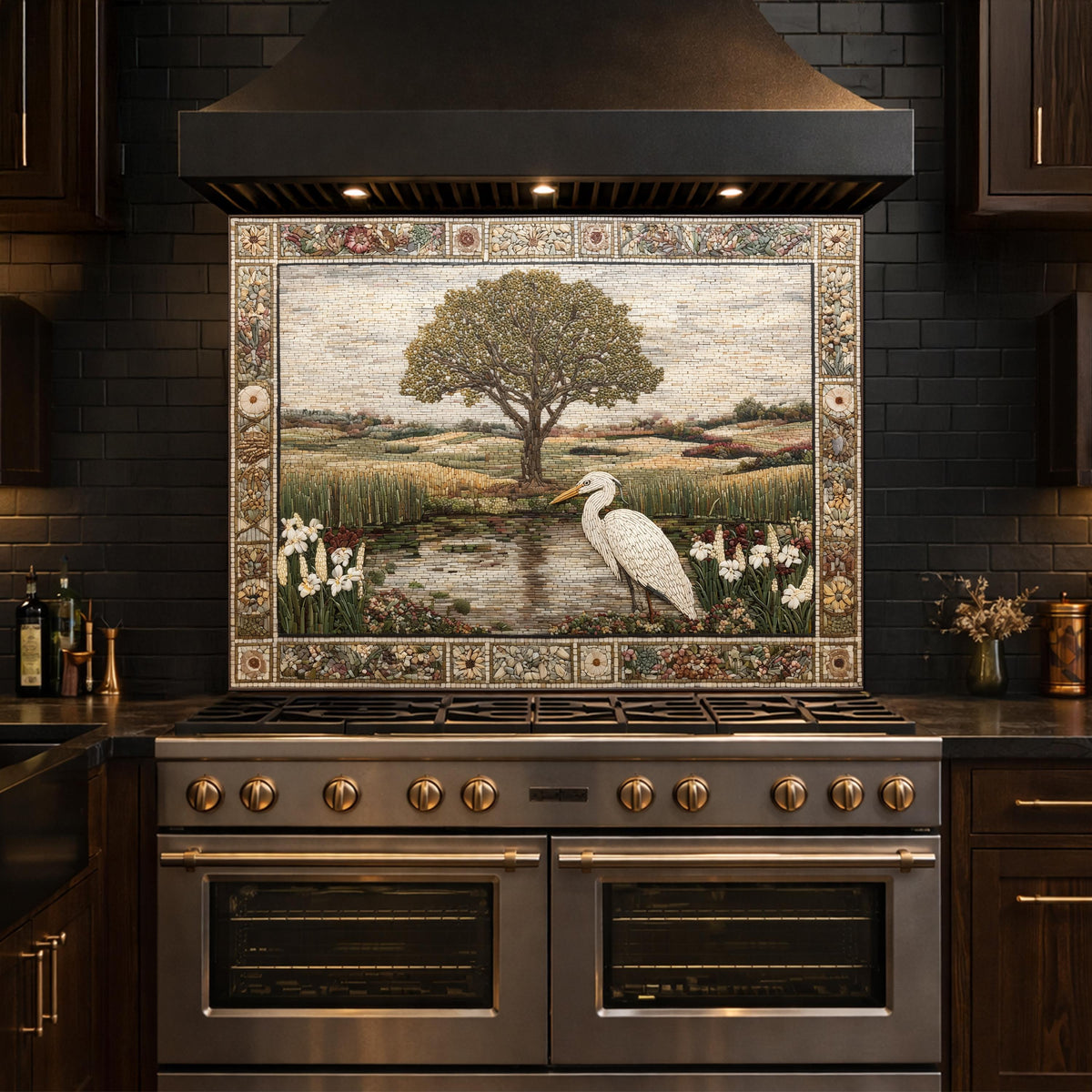 Heron Landscape Tempered Glass Backsplash, Rustic Nature Kitchen Decor, Stove Panel