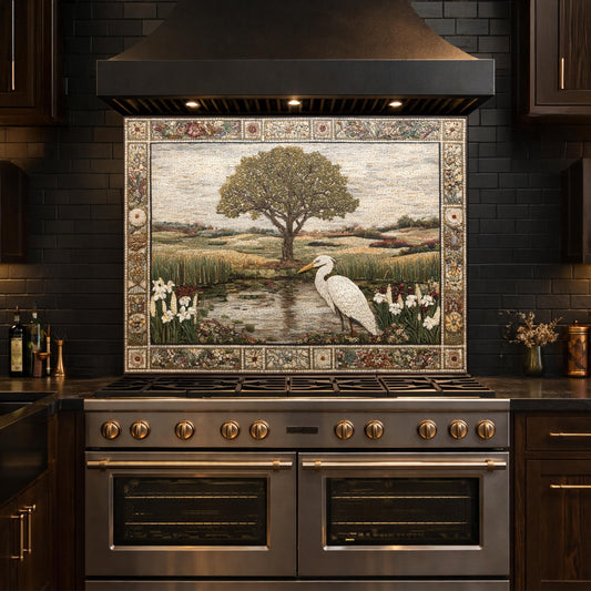 Heron Landscape Tempered Glass Backsplash, Rustic Nature Kitchen Decor, Stove Panel